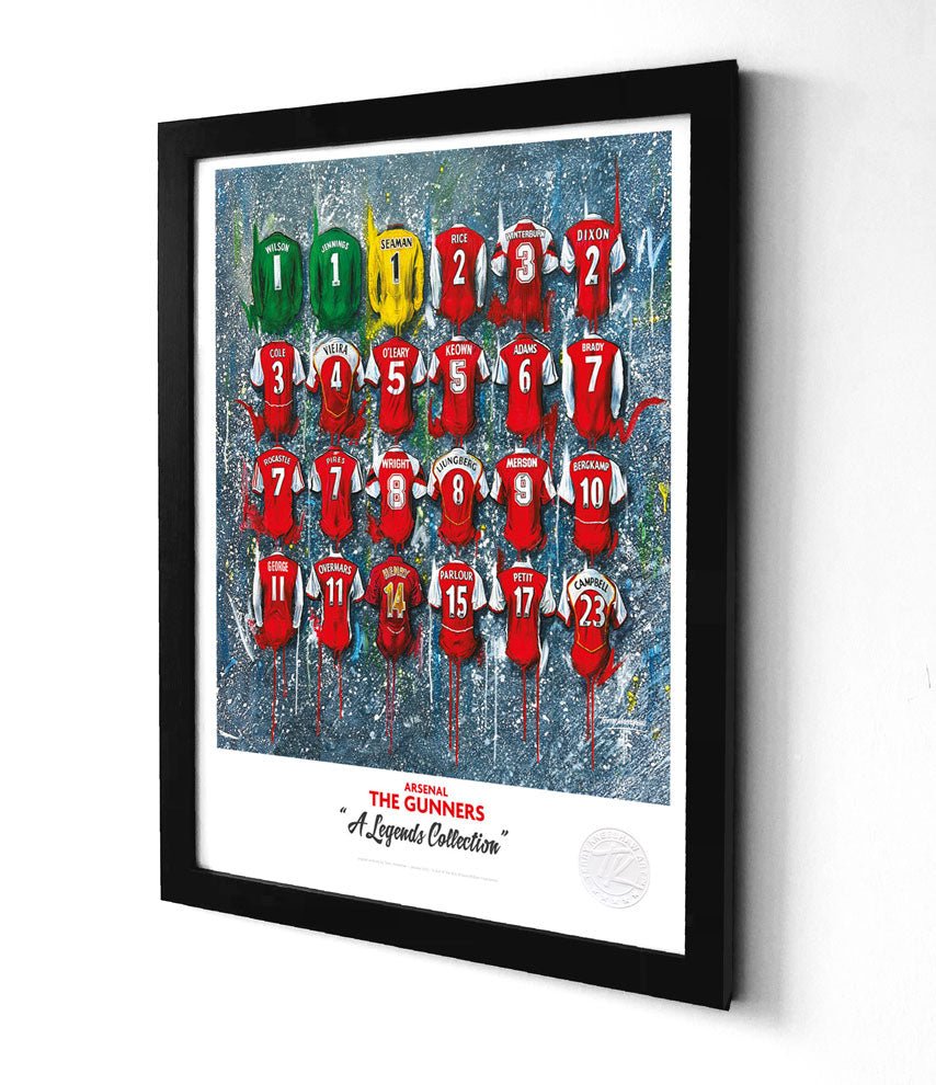 Framed print of arsenal the gunners legends a3 featuring a colorful collage of red green and yellow jerseys with names and numbers