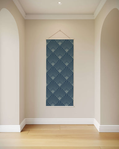 A navy blue art deco burst tapestry with a geometric fan pattern wall hanging for stylish home decor
