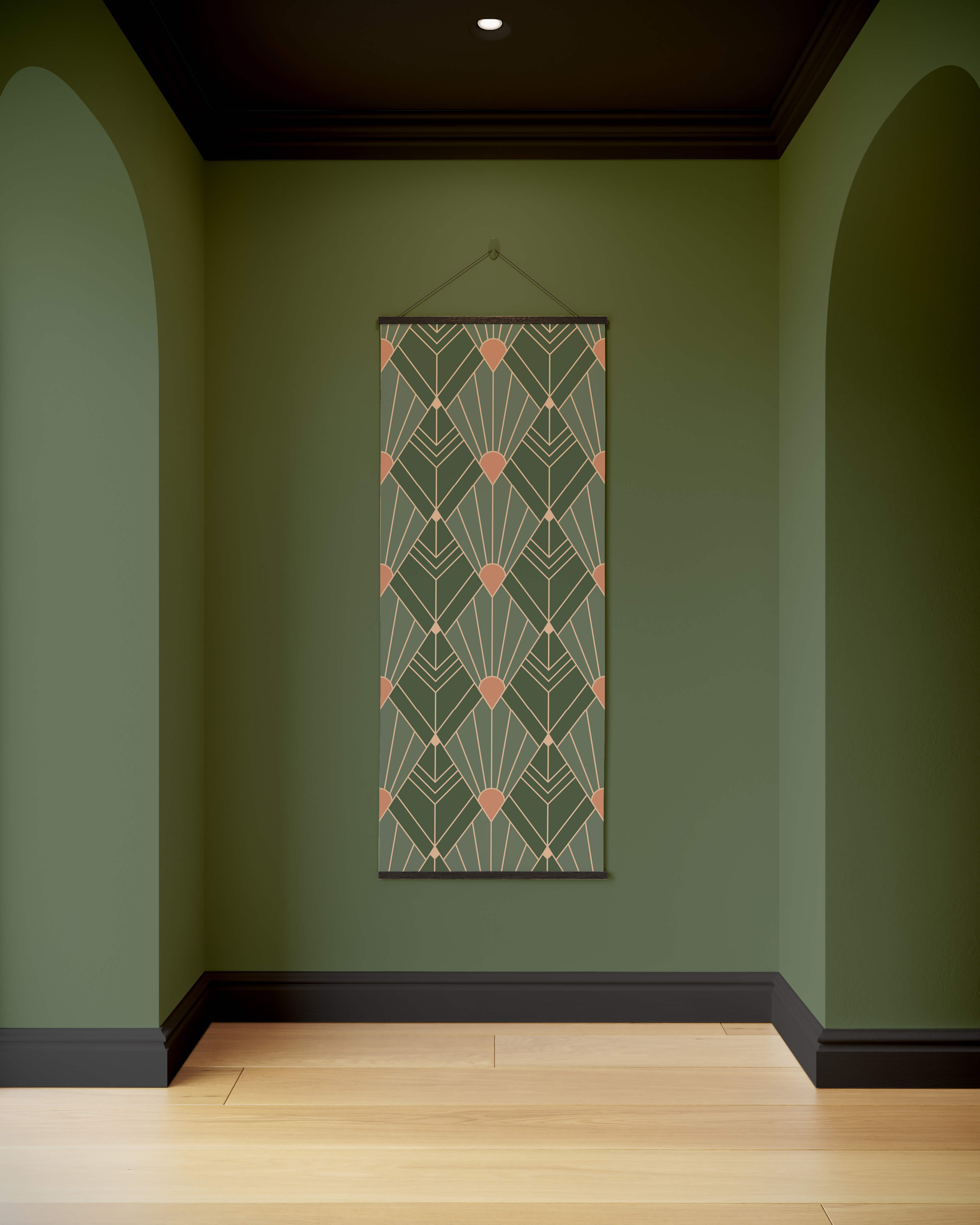 A rectangular art deco diamond pattern tapestry with green and peach geometric design framed in black