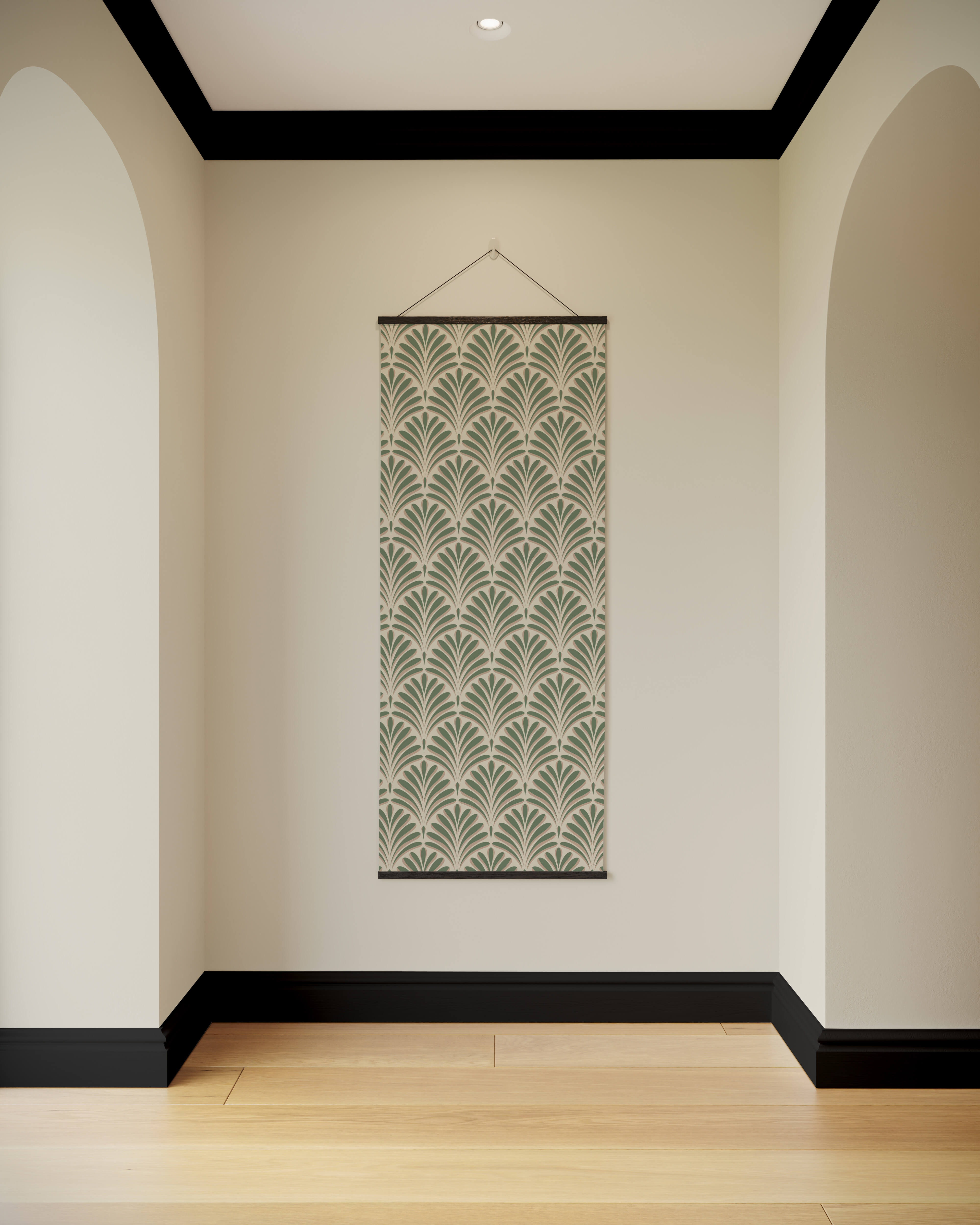 A vertical art deco fan tapestry with muted green and cream fan patterns framed by dark wood borders