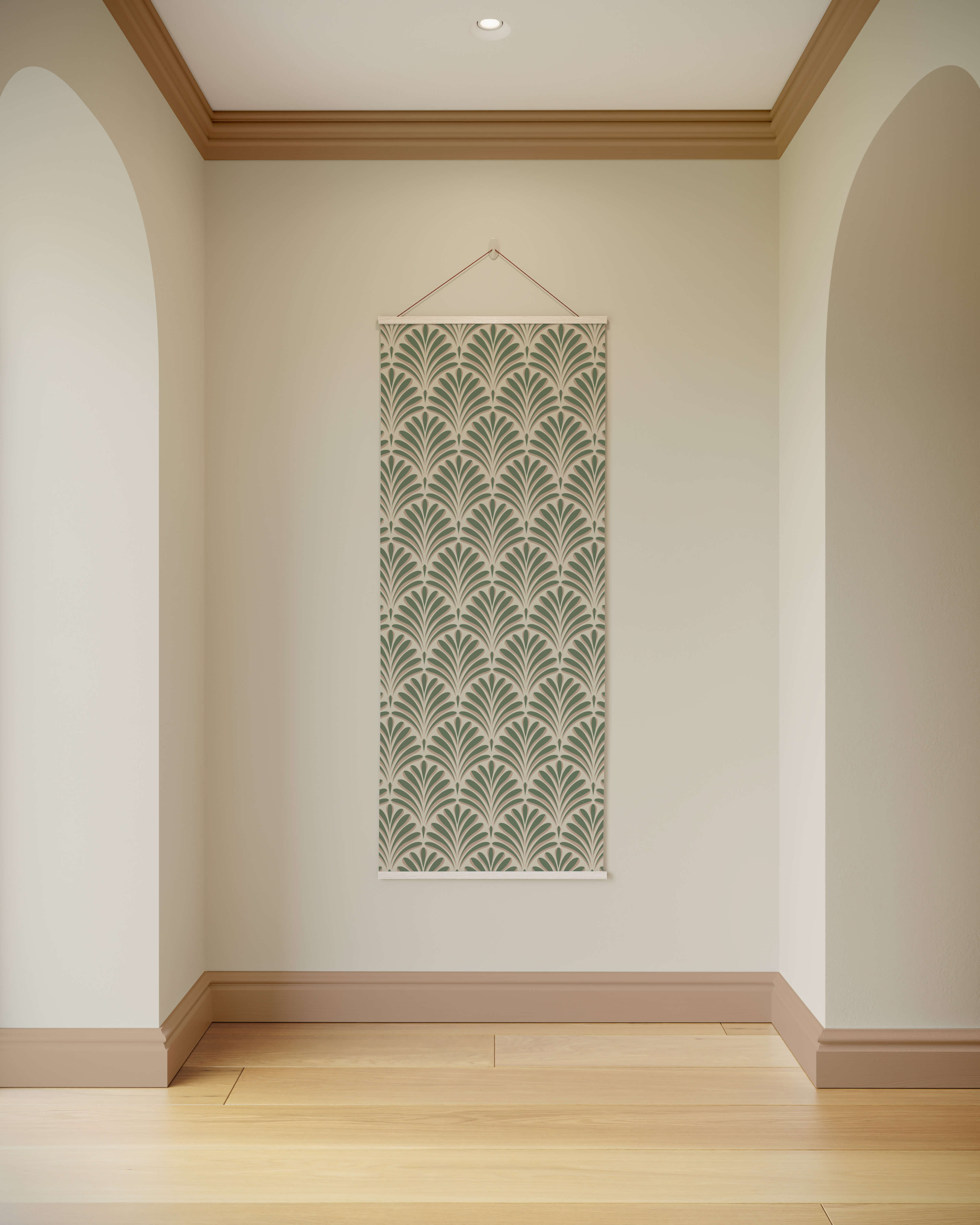 A vertical art deco fan tapestry with repeating fan motifs in muted sage green and cream framed by a white border