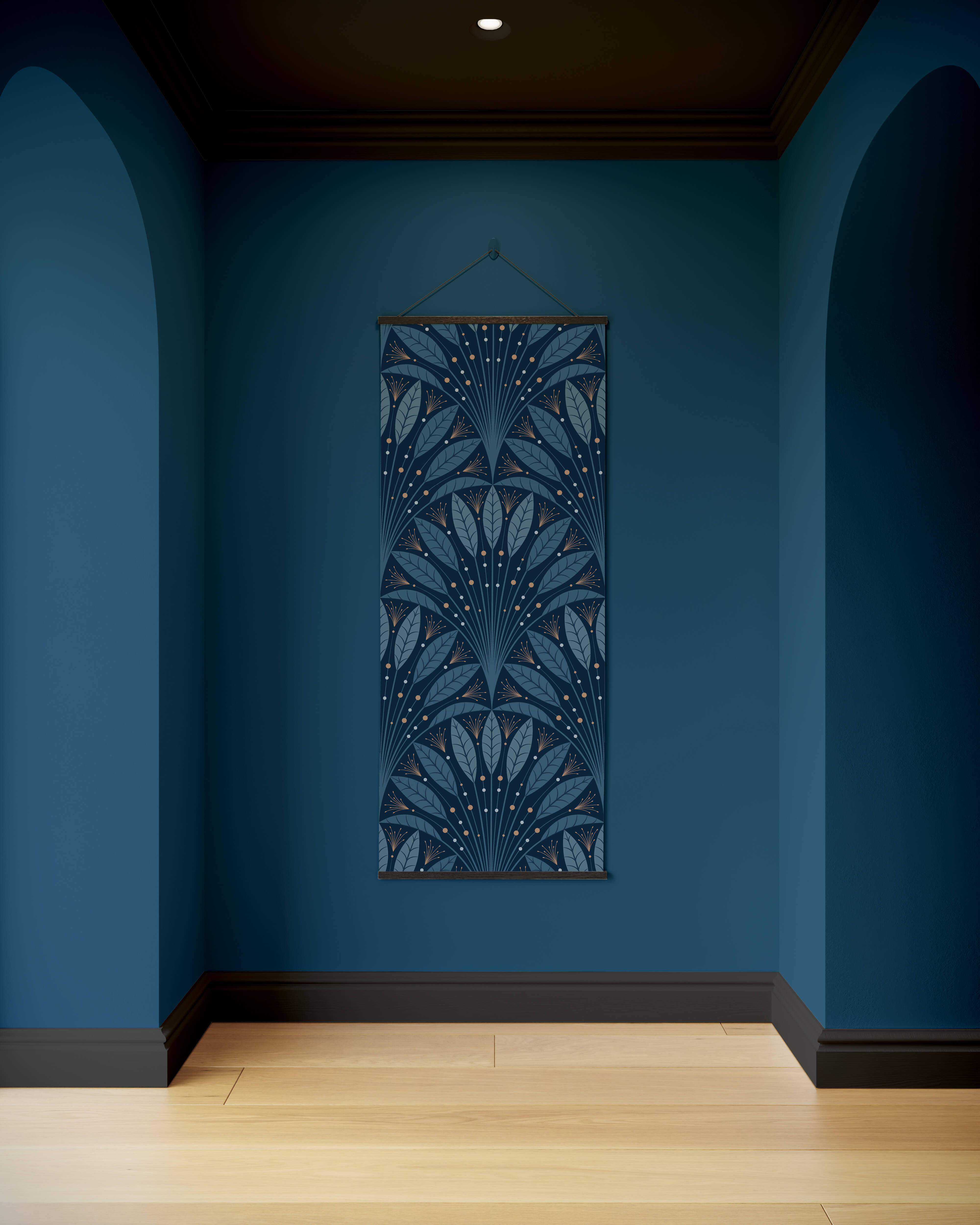 A vertical hanging tapestry with an intricate blue and white art deco leaf fan pattern framed by dark wood