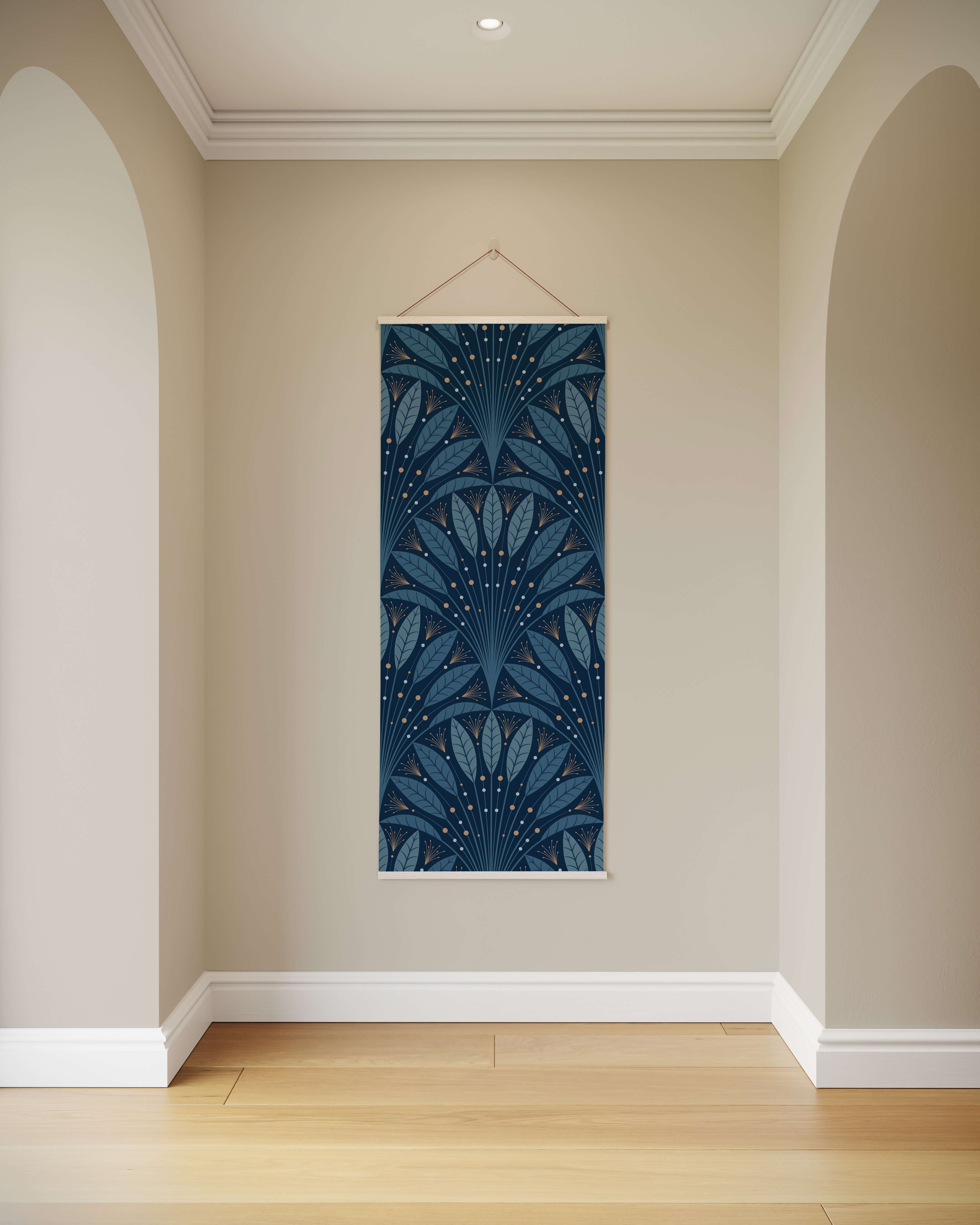 A navy blue art deco leaf fan tapestry with intricate leaf and dot patterns and a thin white border hanging on wall