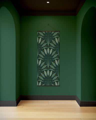 A vertical rectangular art deco leaf fan tapestry in green and cream with a dark brown border