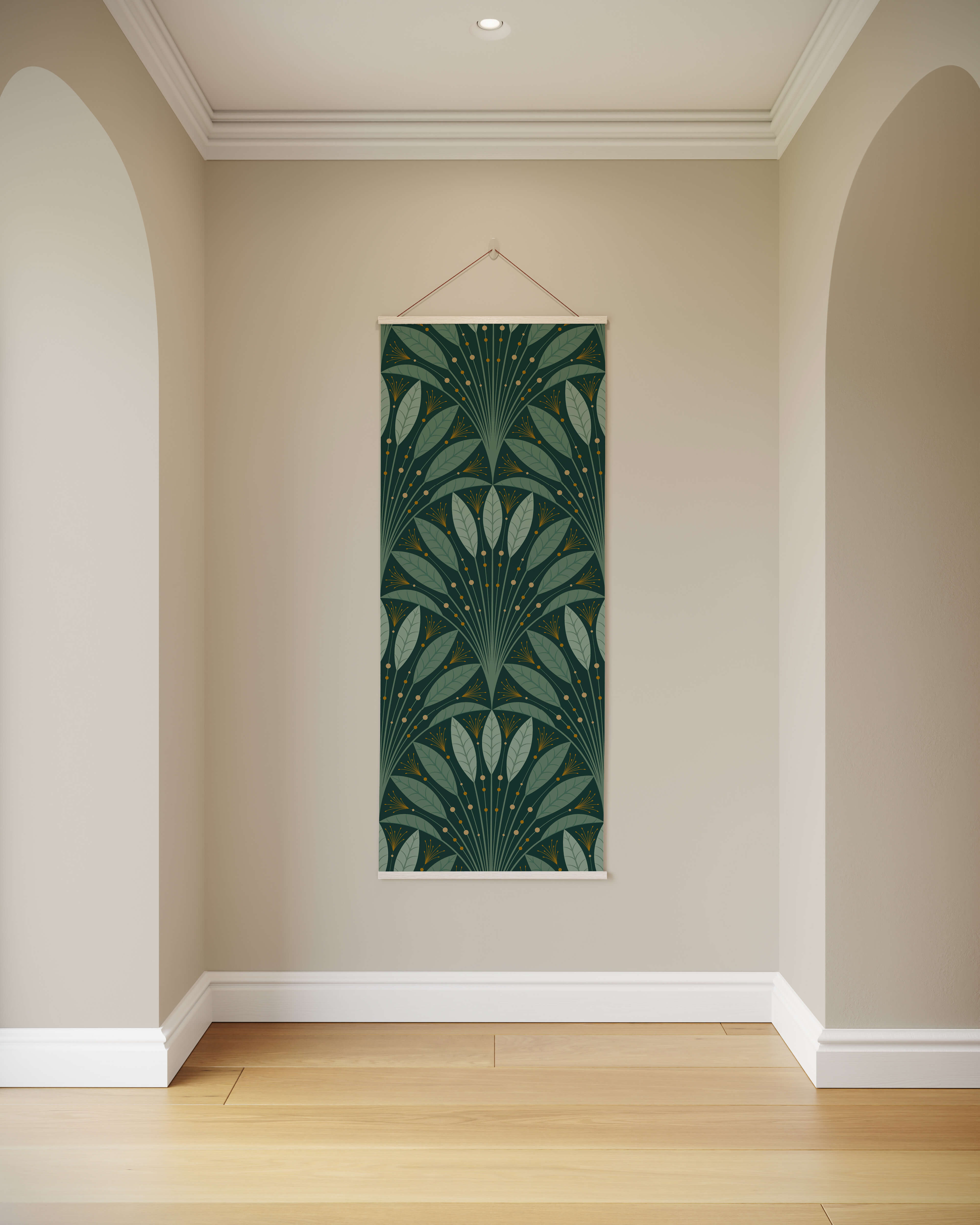 A vertical hanging tapestry with an art deco leaf fan pattern of green shades perfect for wall decor