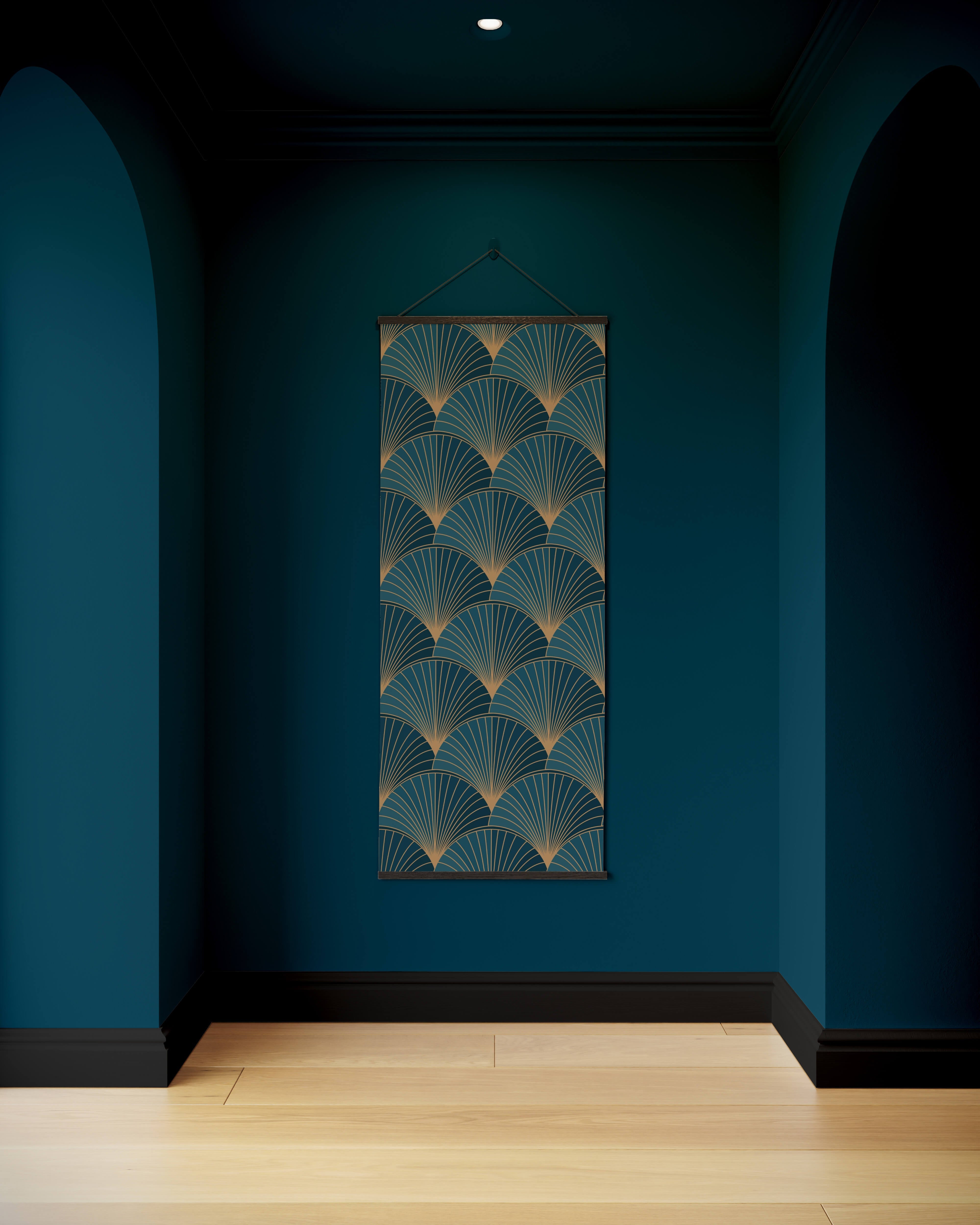 A vertical art deco shell tapestry wall hanging with teal and gold fan pattern framed by a dark border