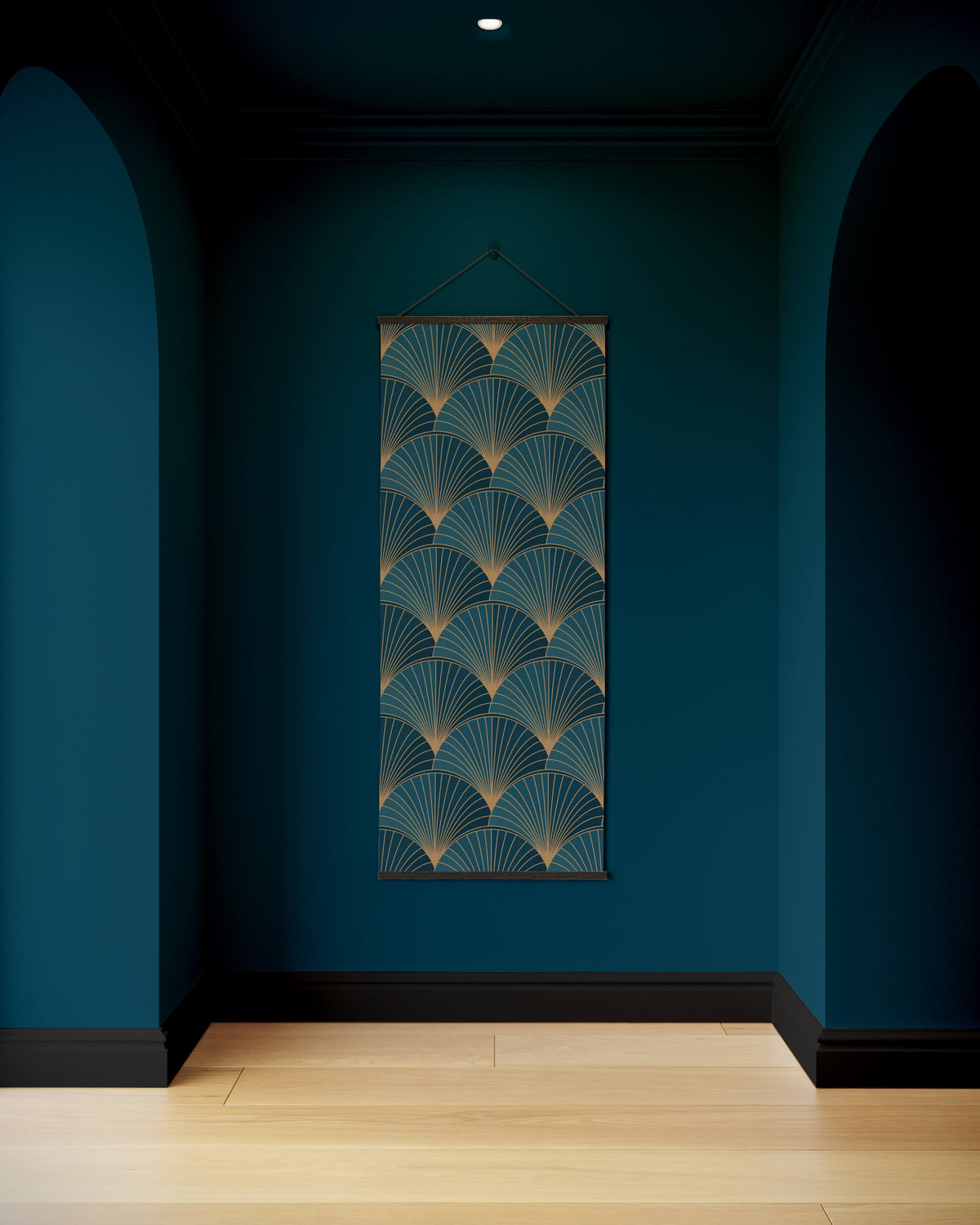 A vertical art deco shell tapestry wall hanging with teal and gold fan pattern framed by a dark border