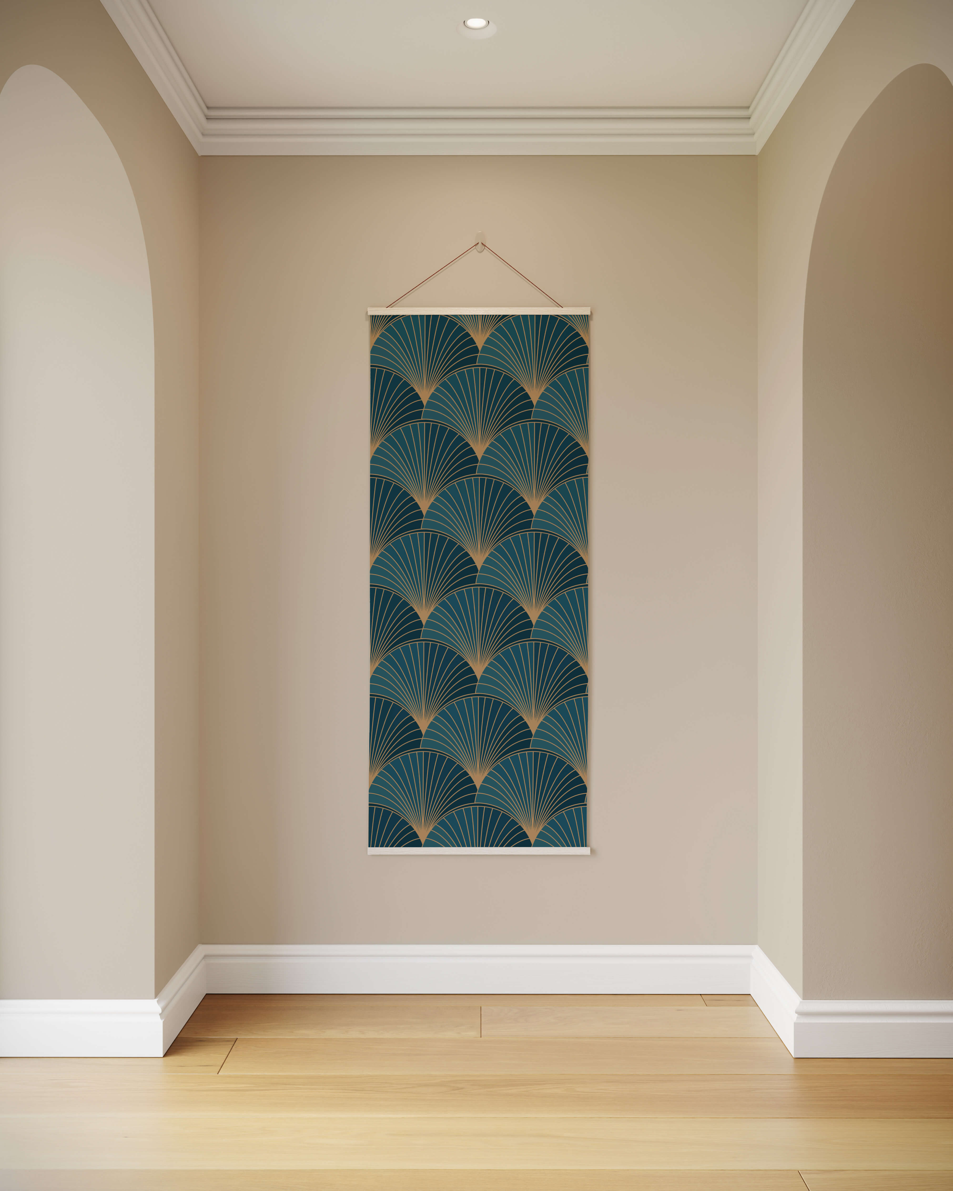 A vertical hanging art deco shell tapestry with repeating teal and gold fan shaped motifs for wall decor