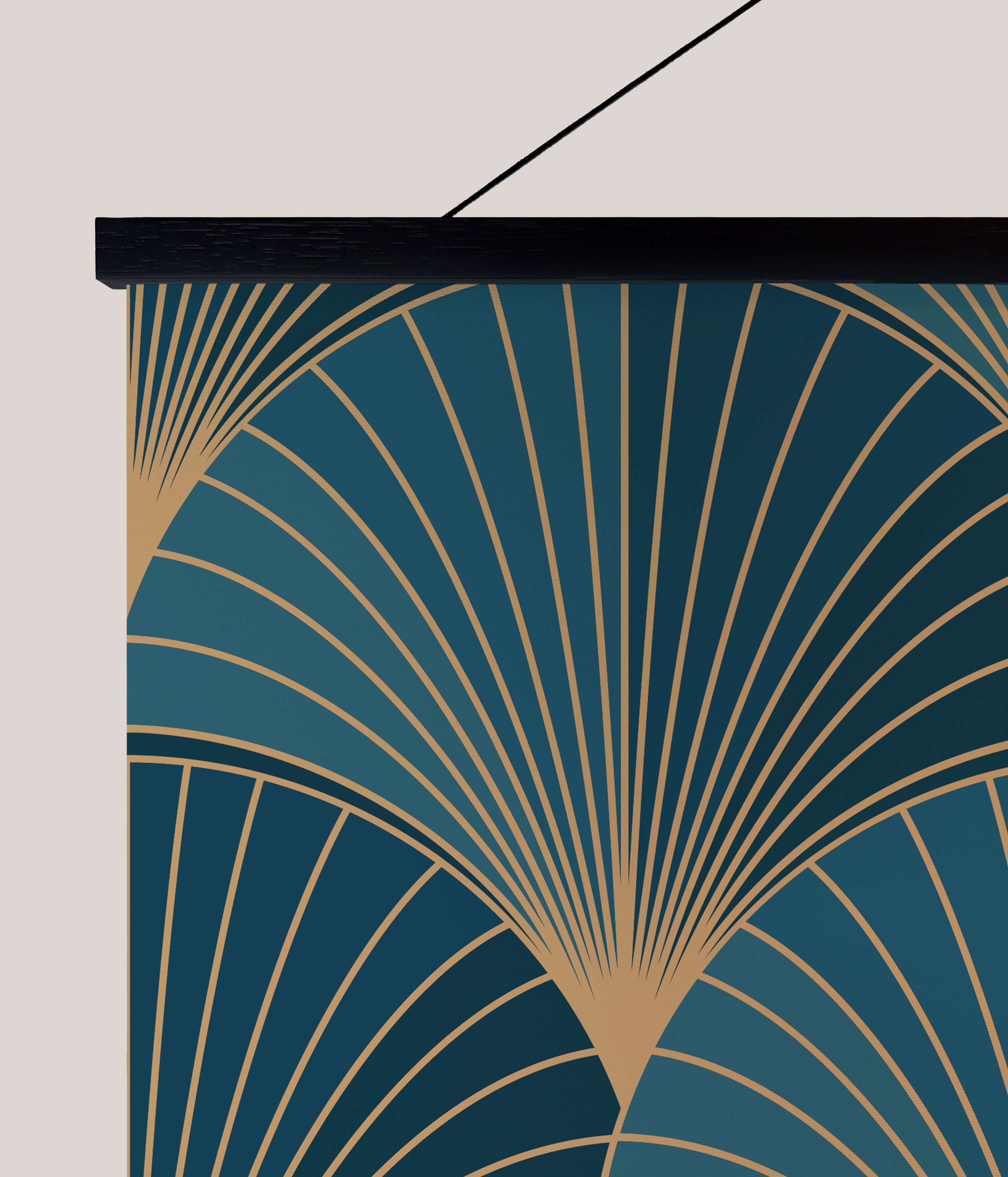 Art deco shell tapestry hanging poster with deep teal and gold geometric patterns in deco shell style
