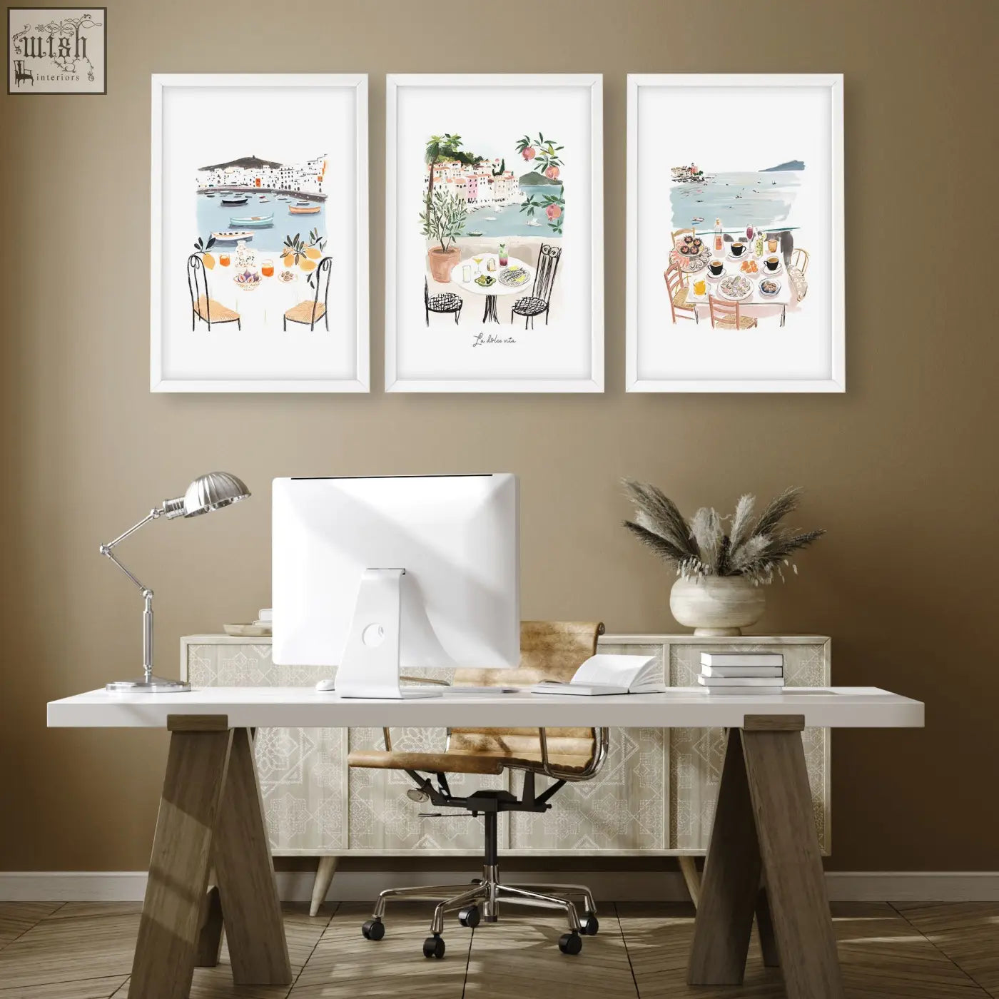Three framed watercolor art prints featuring mediterranean coastal dining scenes with tables chairs and food
