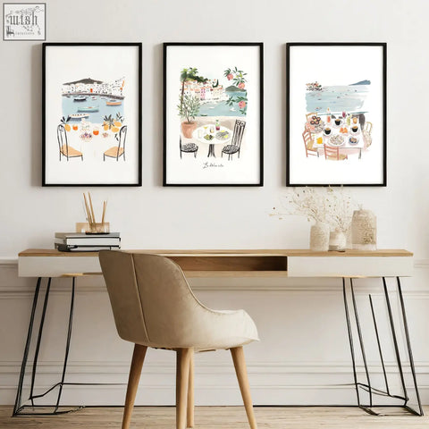 Beige upholstered chair with wooden legs in mediterranean coastal dining scene art prints for office wall decor