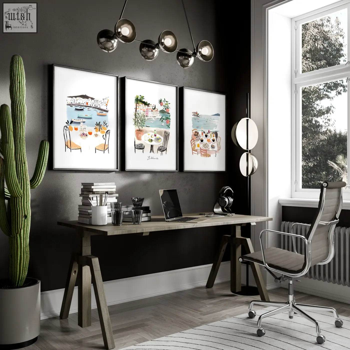Modern wooden desk with trestle legs paired with mediterranean coastal dining art prints in a sleek minimalist style