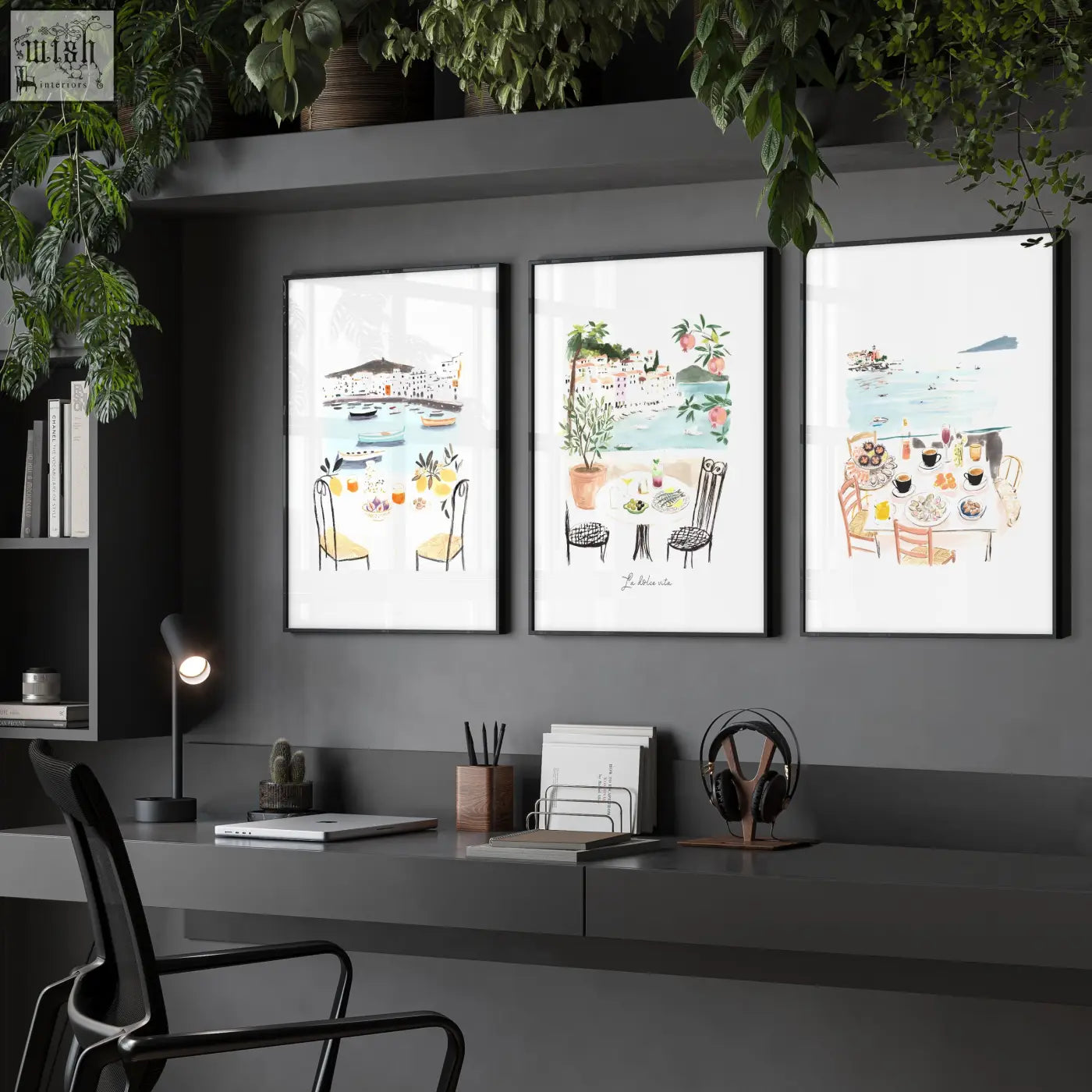 Three framed art prints of mediterranean coastal dining scenes with tables chairs and boats in soft watercolor tones
