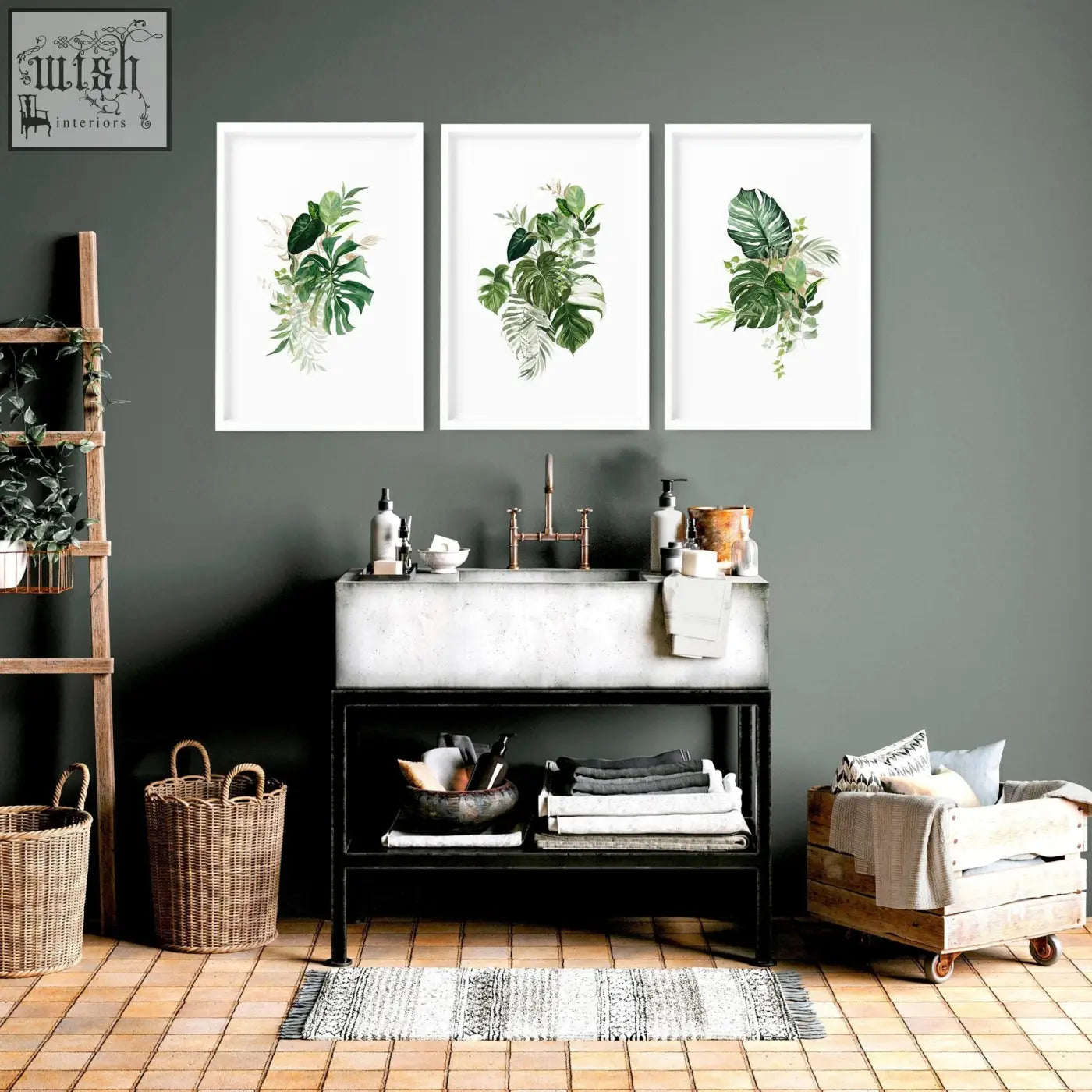 Set of three framed tropical wall prints with lush green leaves on white backgrounds perfect for bathroom walls uk