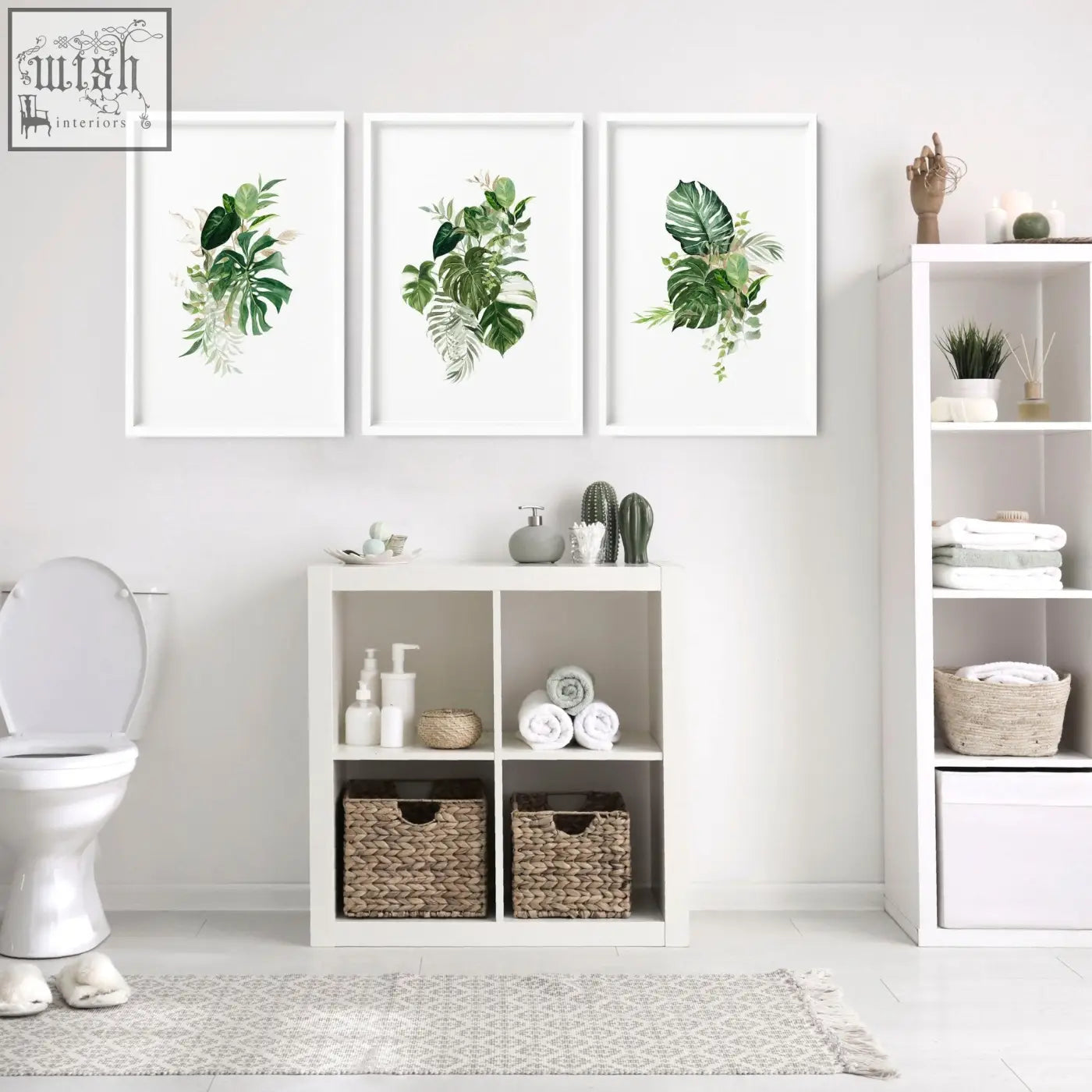 Set of 3 tropical wall prints with lush green leaves in white frames perfect for bathroom walls uk