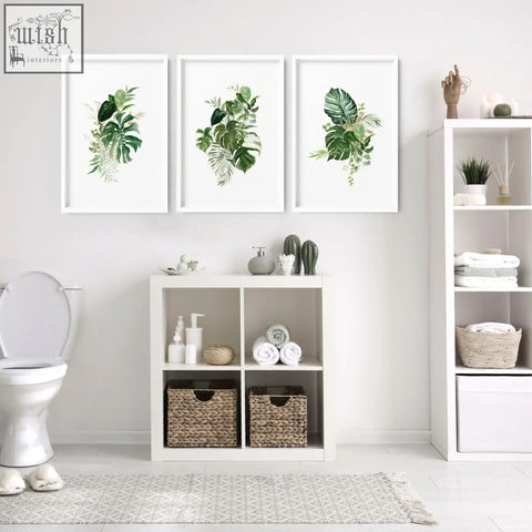 Set of 3 tropical wall prints with lush green leaves in white frames perfect for bathroom walls uk