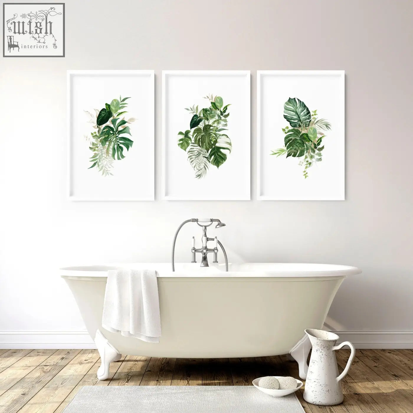 Set of 3 framed tropical wall prints with lush green leaves on white backgrounds perfect for bathroom walls uk