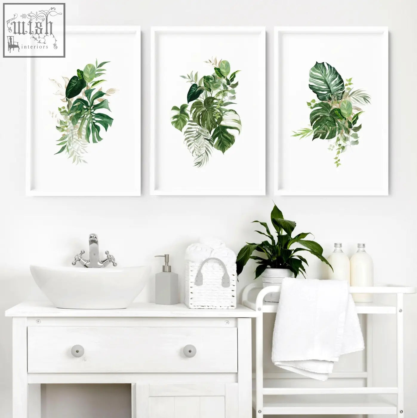 Three framed botanical wall prints with green tropical leaves perfect for bathroom walls uk with tropical wall prints