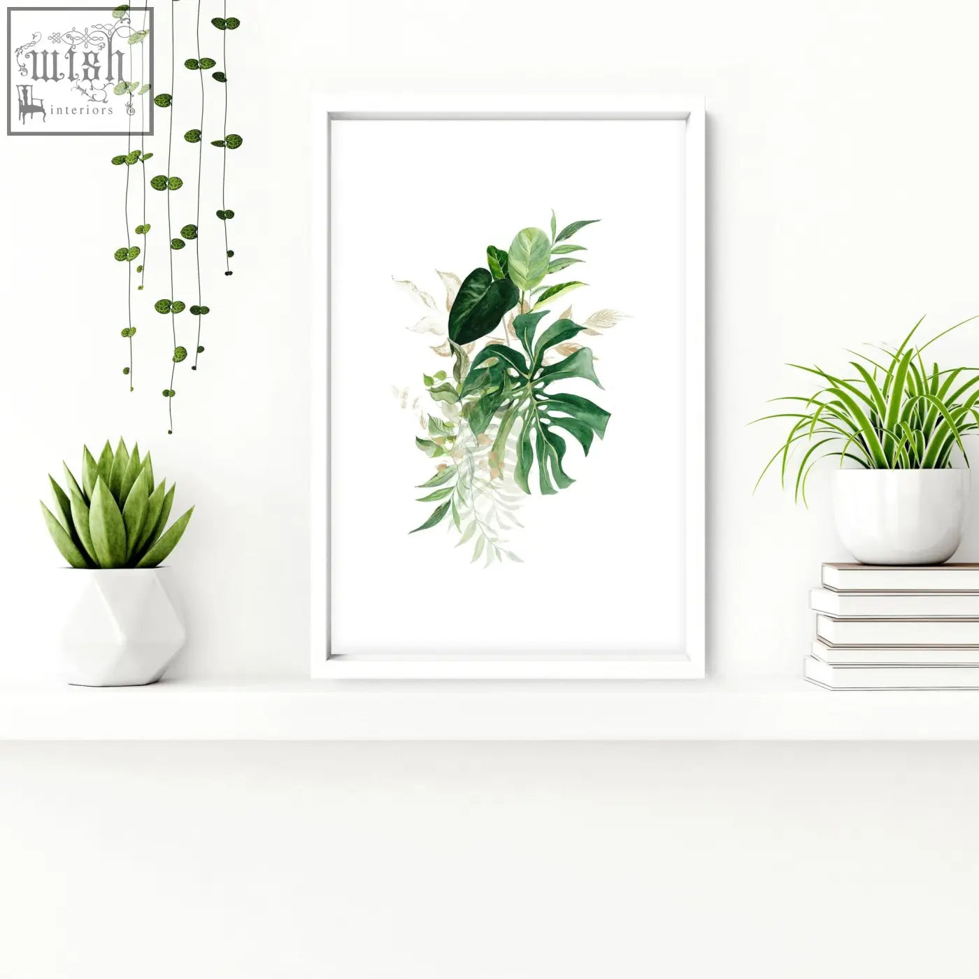 White framed botanical wall prints with watercolor green and cream leaves perfect for bathroom walls uk tropical decor