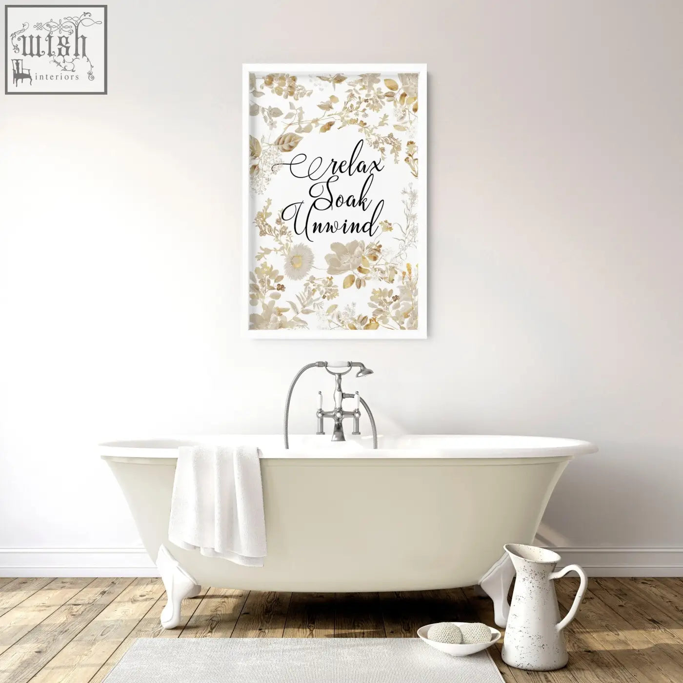 A framed wall art print for bathroom walls with delicate beige and gold floral pattern and relax soak unwind text