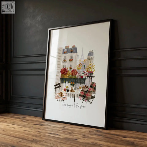 A framed parisian balcony illustration with colorful flowers warm burgundy tones featuring the eiffel tower autumn paris wall art