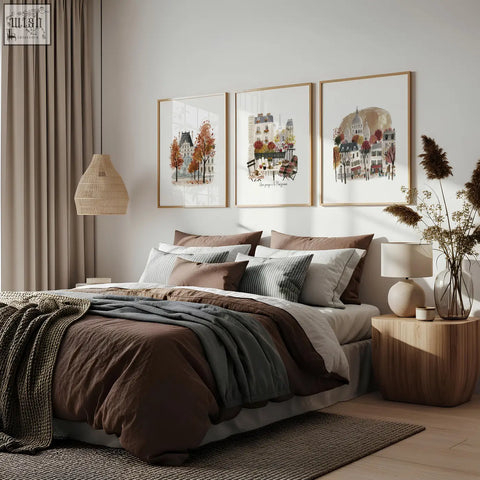 Three framed watercolor prints of autumn paris cityscapes with warm burgundy tones for bedroom wall art une pause theme