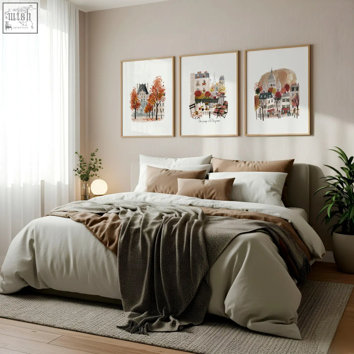 A cozy bed with soft beige and brown bedding and a dark gray throw in an autumn paris art for bedroom set
