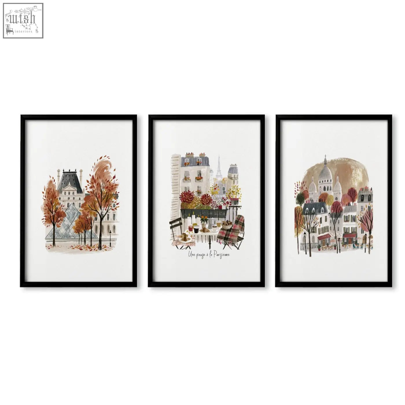 Set of three black-framed autumn paris watercolor prints with warm burgundy trees featuring une pause scenes