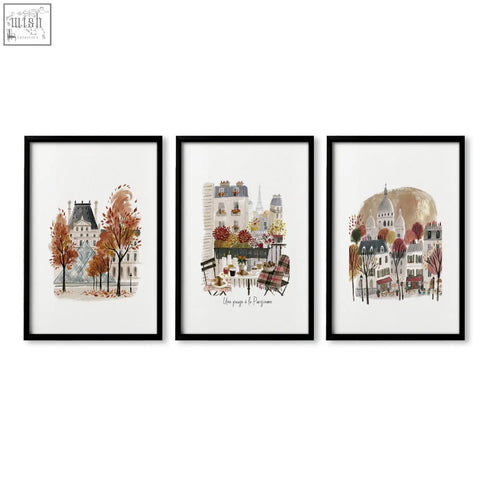Set of three black-framed autumn paris watercolor prints with warm burgundy trees featuring une pause scenes