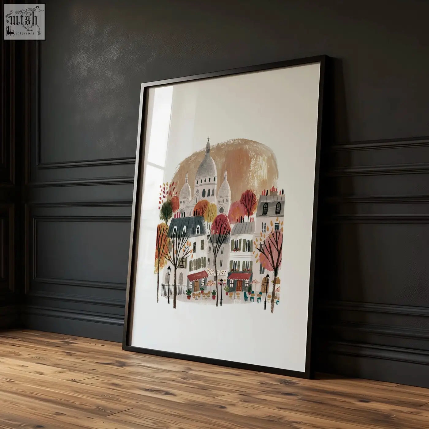 A framed autumn paris street scene art print with warm burgundy trees in a black frame for bedroom wall decor