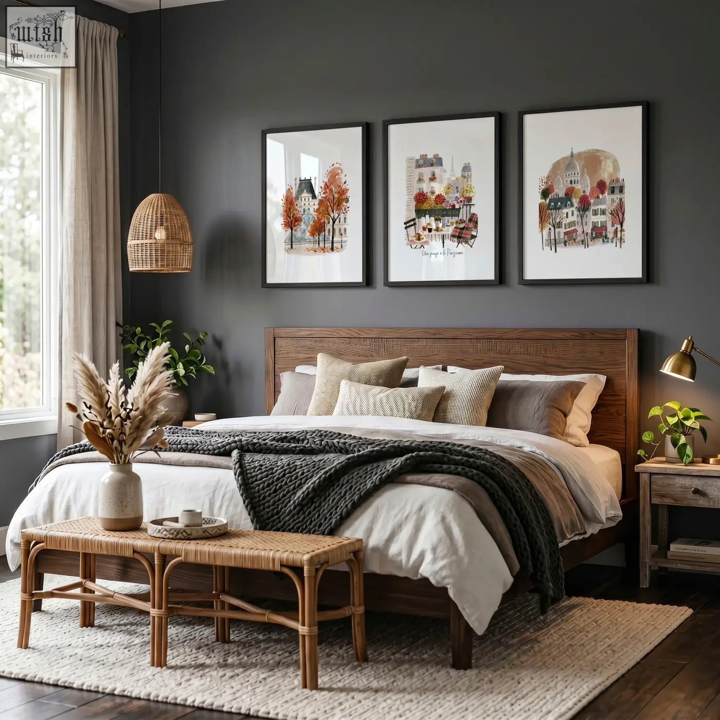 Wooden bed with dark brown finish and neutral pillows in a cozy bedroom featuring autumn paris warm burgundy art prints set une pause