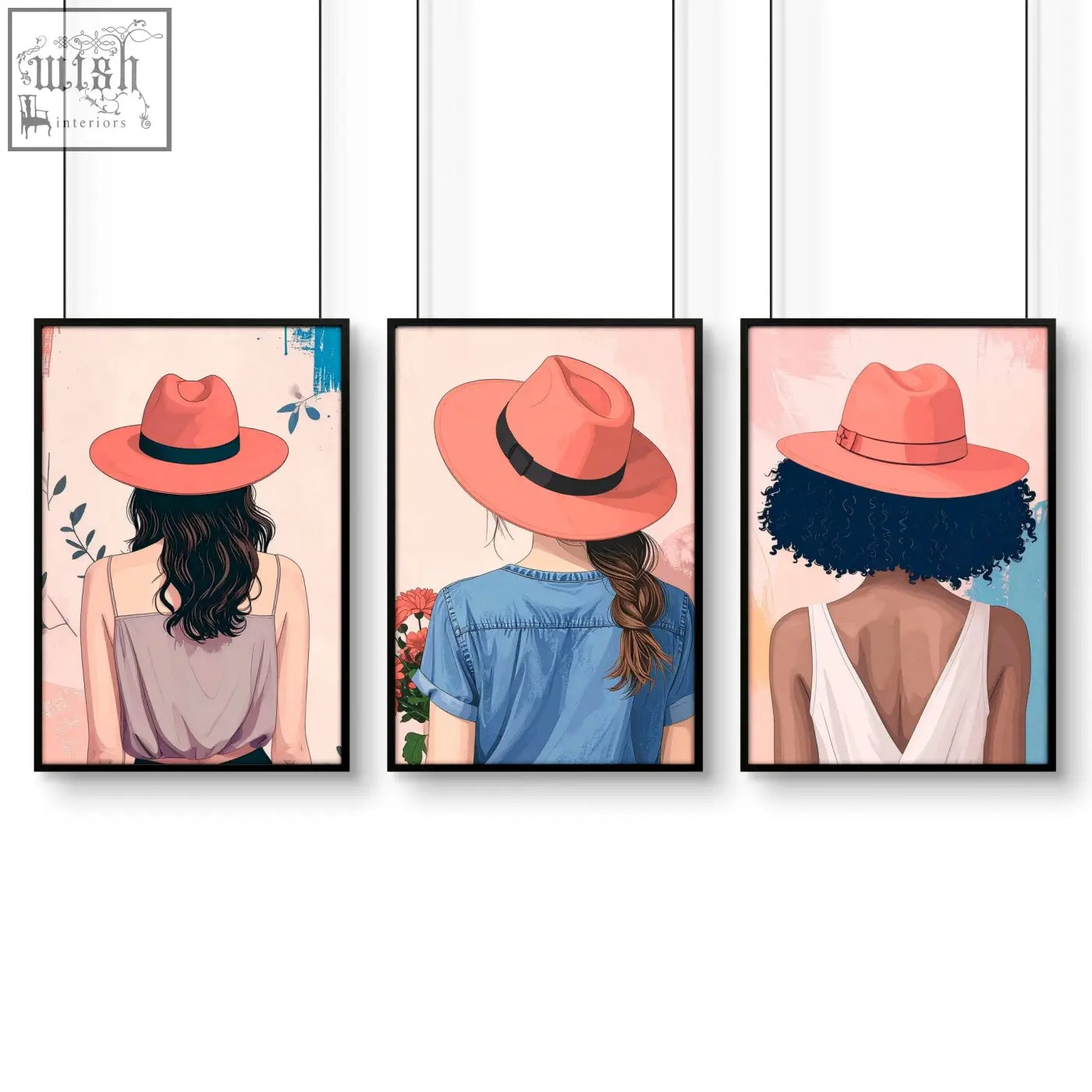 Set of three framed boho women wall art prints featuring coral-colored fedoras with black bands for bedroom decor