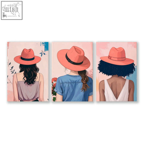 Set of 3 boho women wall art prints featuring coral fedora hats for stylish bedroom wall art decor