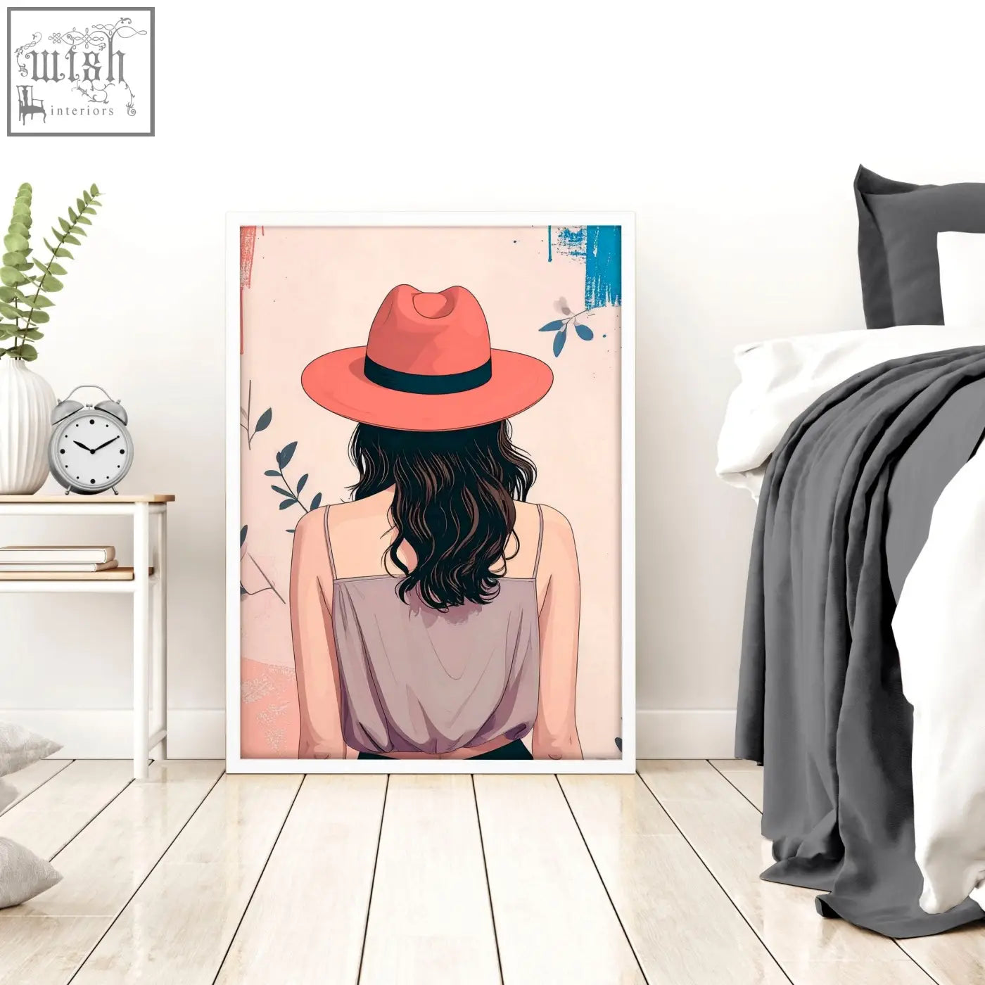 A framed illustration of a woman in an orange hat with a black band in soft pastel tones for boho women wall art