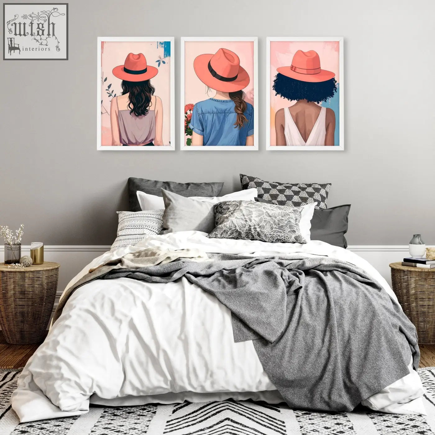 Set of three framed boho women wall art prints featuring women wearing coral hats in unique styles for bedroom decor