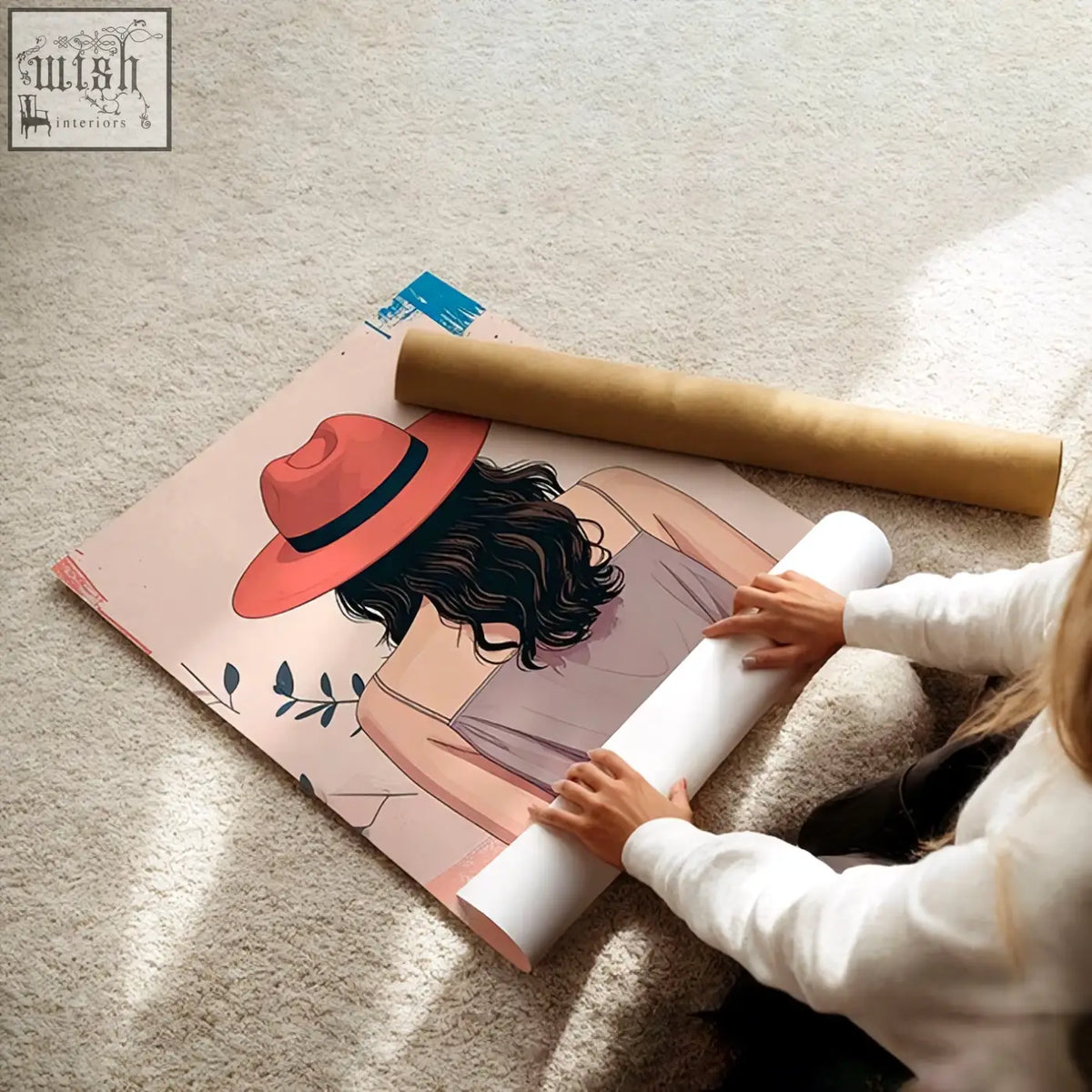 A pink boho women wall art print featuring a woman with dark curly hair and an orange hat being rolled up on paper