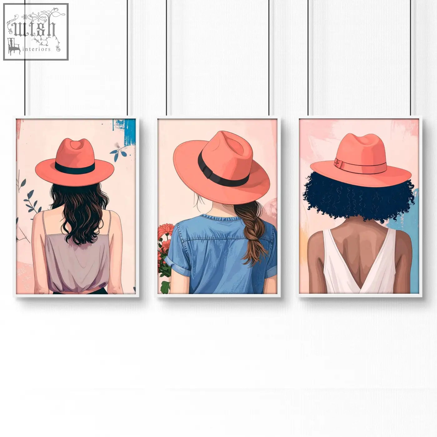Set of three boho women wall art prints featuring framed illustrations of women wearing coral fedoras for bedroom decor