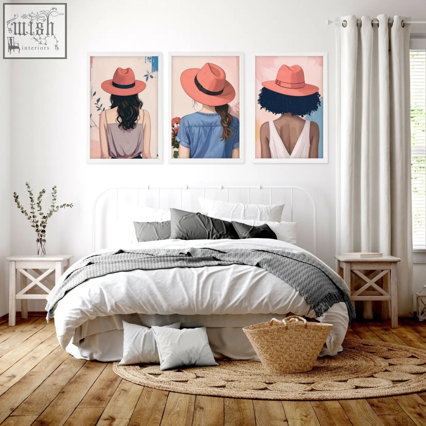 Woven straw basket with natural texture and frayed edges featured in boho women wall art set for bedroom decor