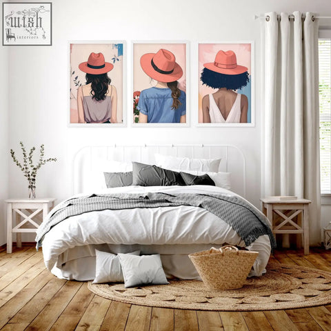 Woven straw basket with natural texture and frayed edges featured in boho women wall art set for bedroom decor