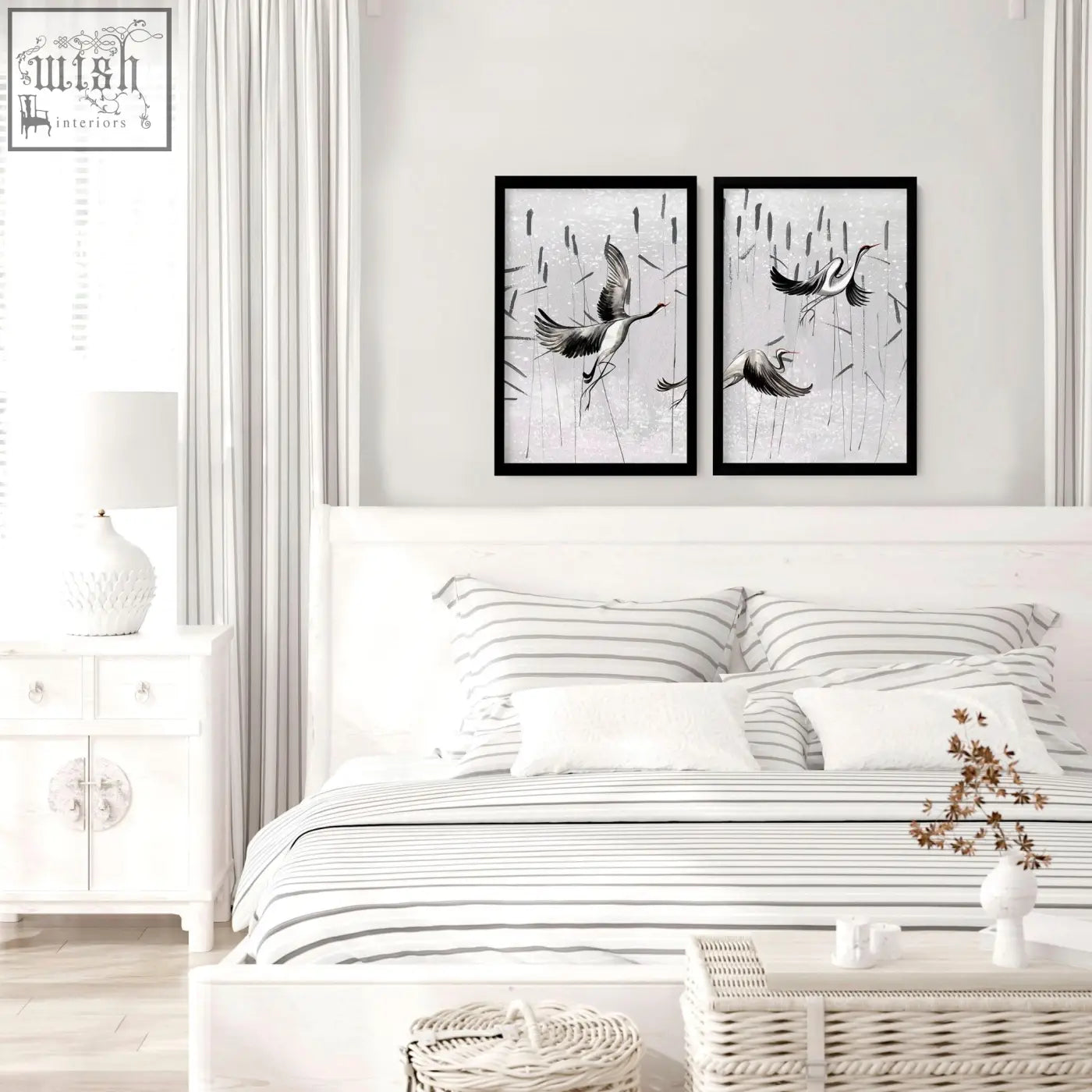 Black-framed black and white japanese art prints featuring flying cranes and reeds perfect for bedroom wall art