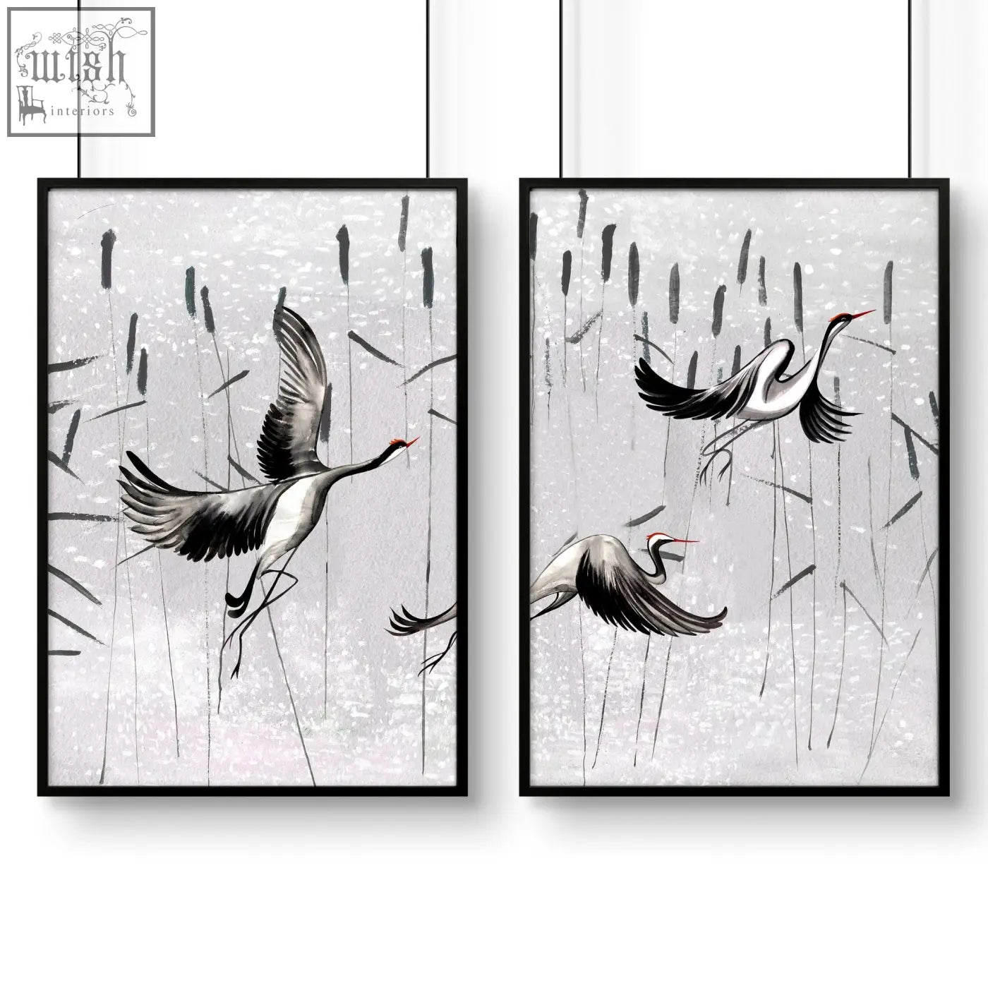 Black-framed japanese art prints featuring white and gray cranes in flight on silver-gray textured wall art set for bedrooms
