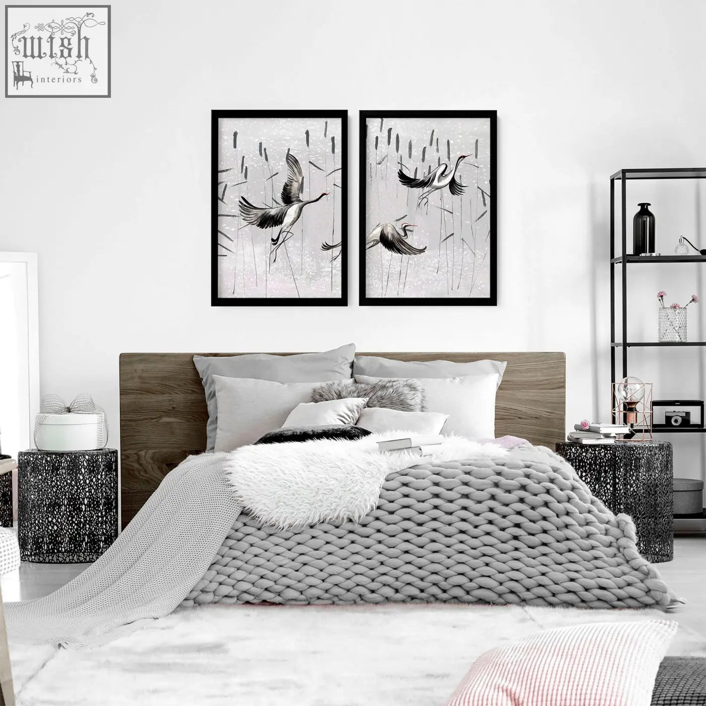 Set of 2 black-framed japanese art prints featuring stylized white cranes in flight on textured monochrome wall art