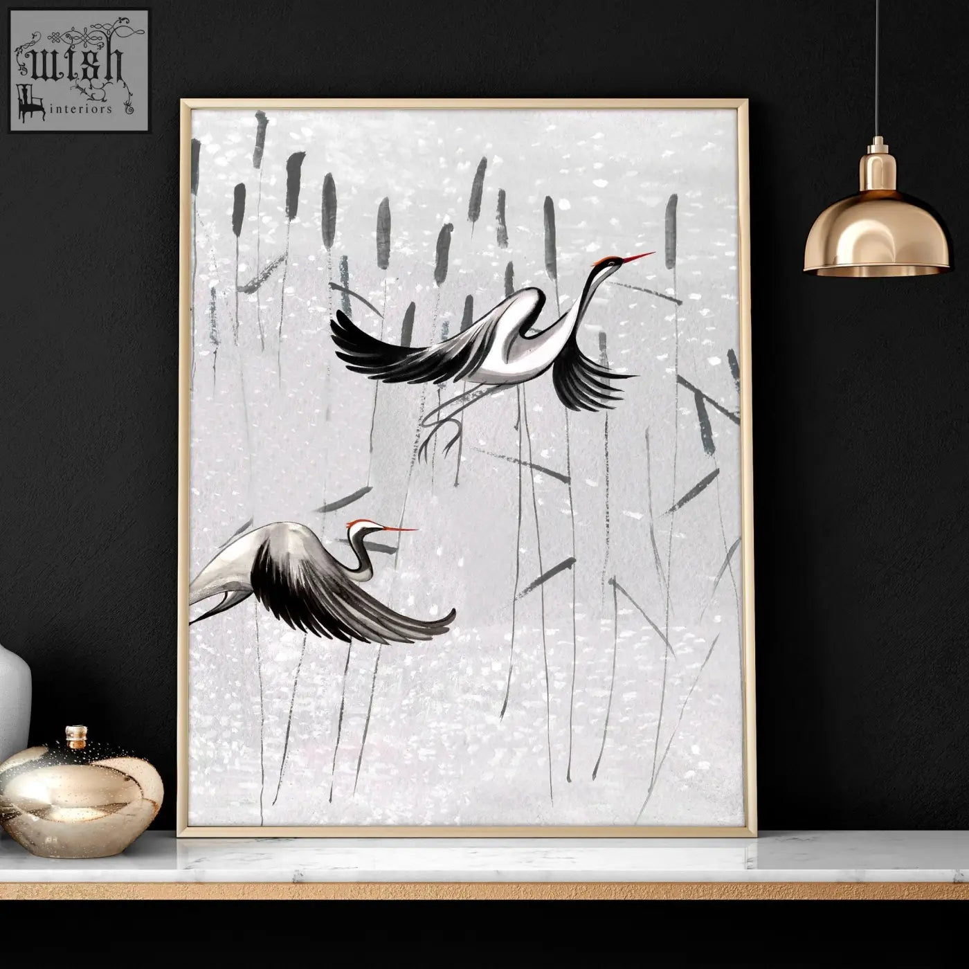 A set of 2 japanese art prints featuring white cranes with red beaks in gold-toned frames perfect for bedroom wall art