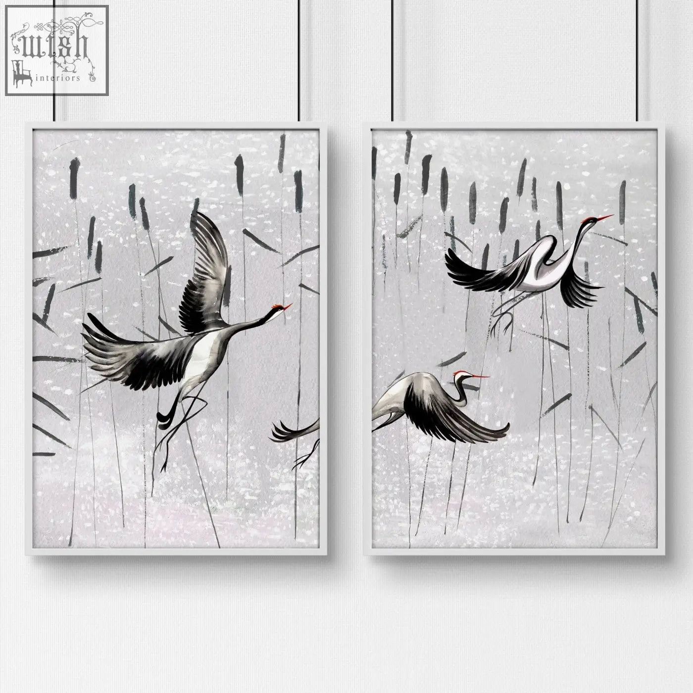 Set of 2 japanese art prints featuring minimalist black and white crane wall art with red beak accents for bedrooms