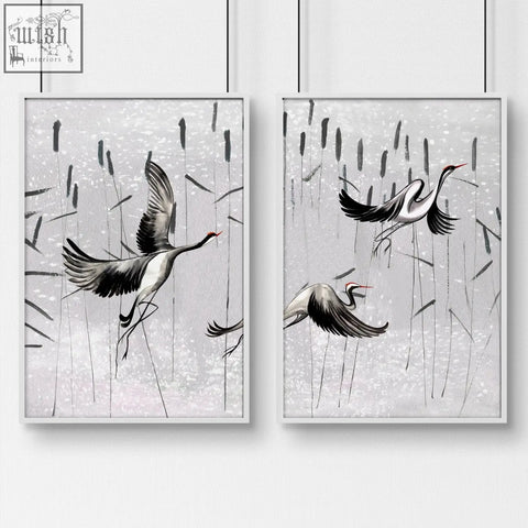 Set of 2 japanese art prints featuring minimalist black and white crane wall art with red beak accents for bedrooms