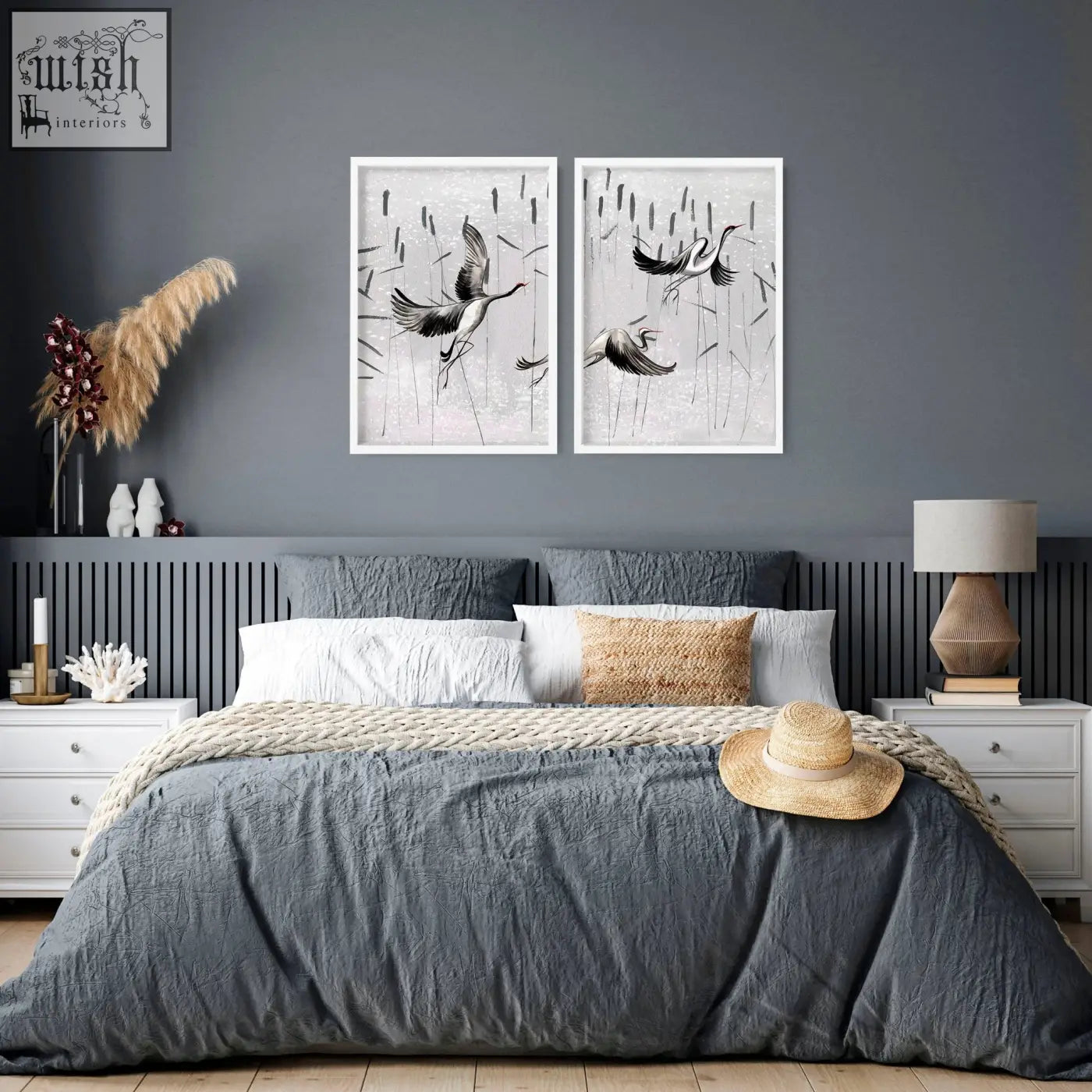 Straw hat with light beige band on bedspread showing art prints set of 2 japanese wall art for bedrooms