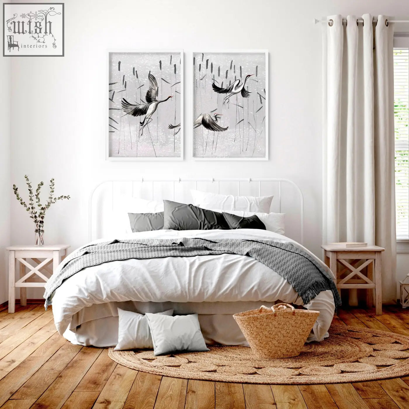 Woven wicker basket with natural tan hue and sturdy fibers paired with japanese wall art prints set of 2