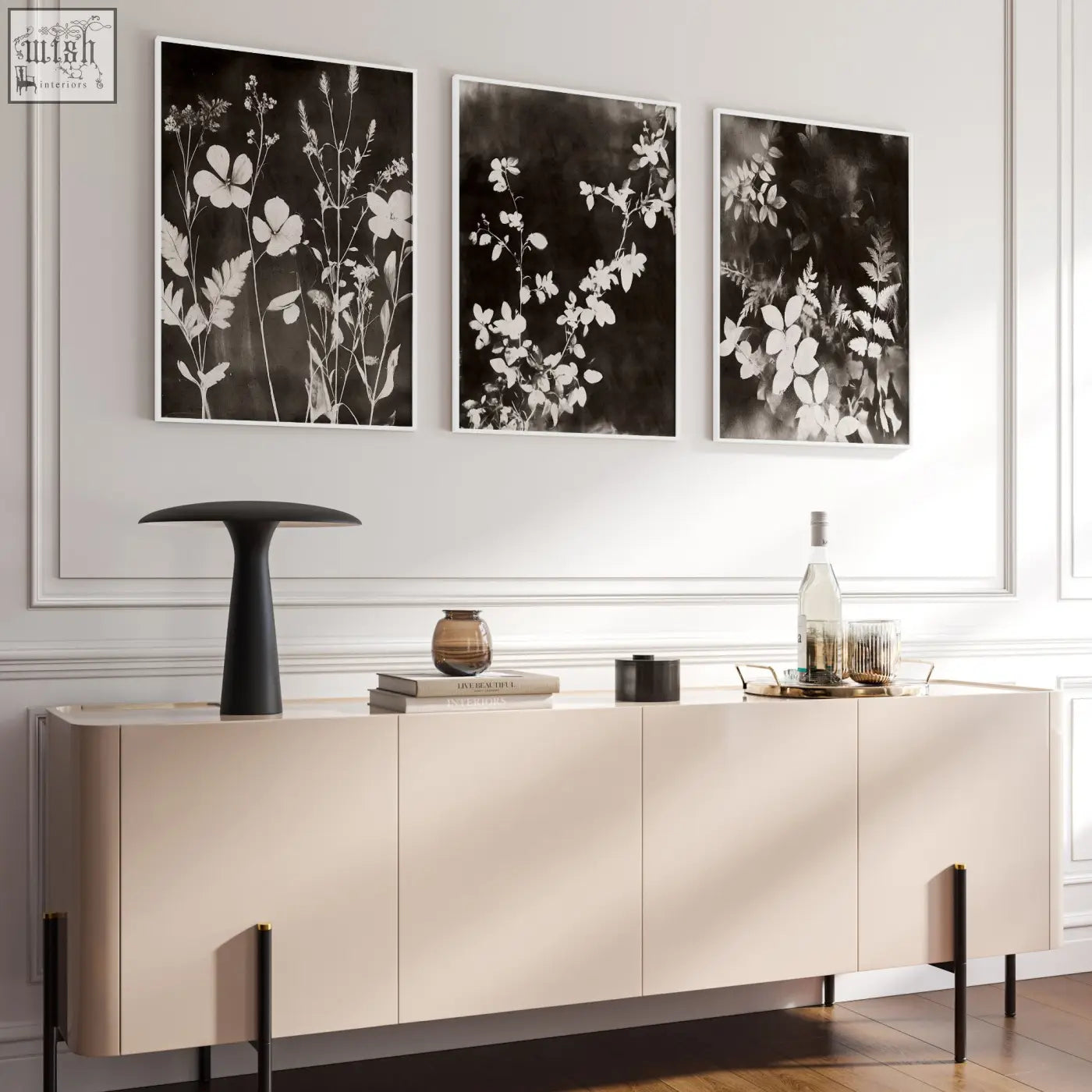 Cream-colored sideboard with sleek minimalist design and black legs perfect for living room wall decor setup