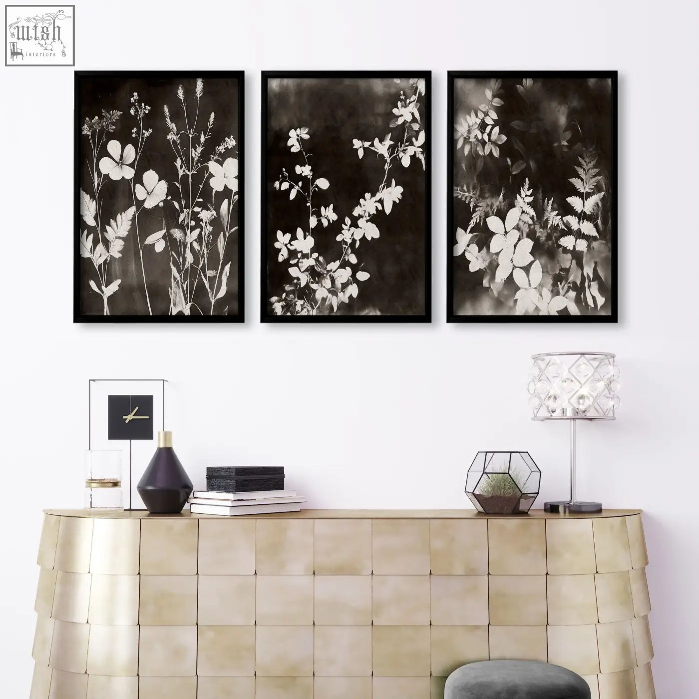 Three black-framed mink botanical dark floral wall art prints with white silhouettes perfect for living room wall decor