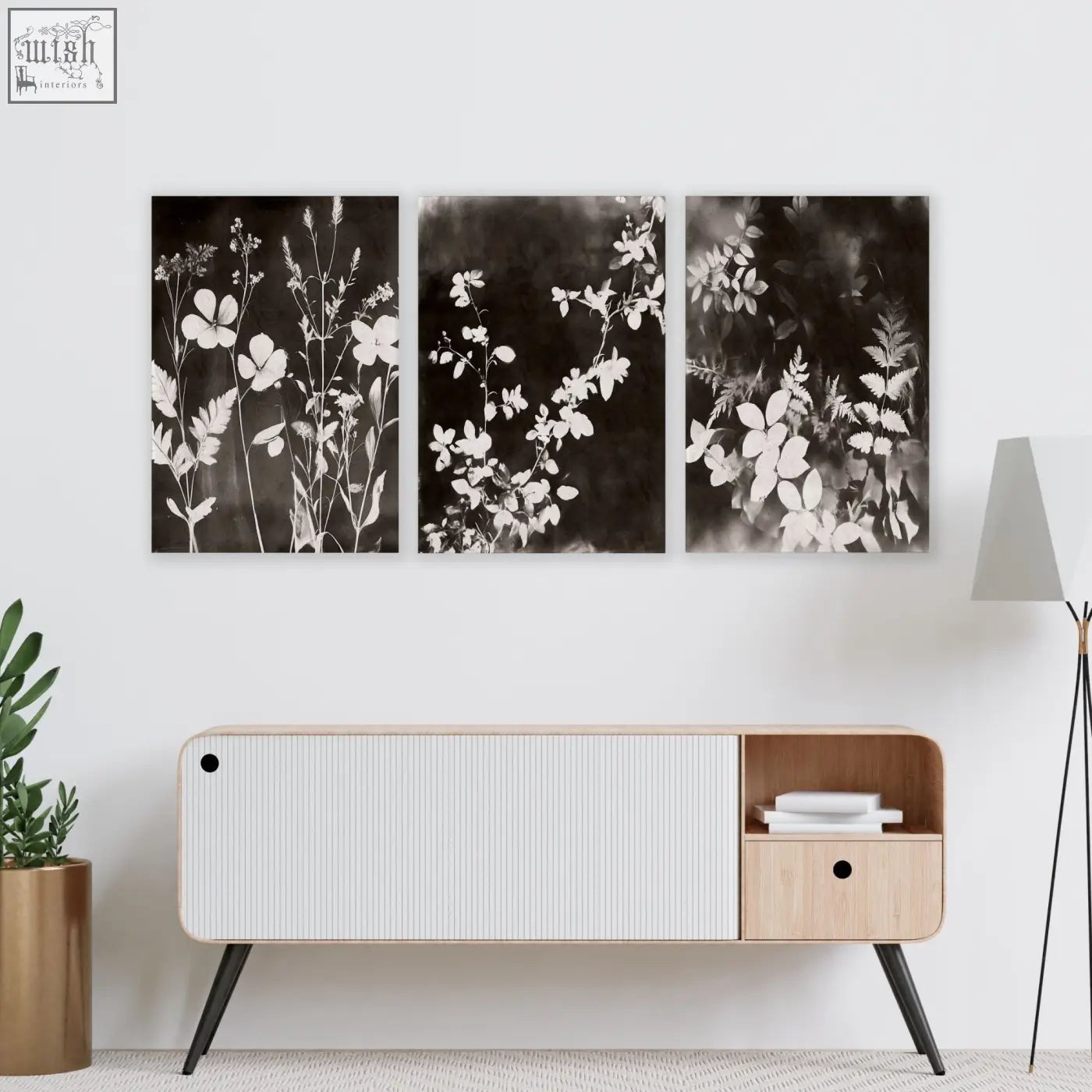 Modern minimalist sideboard with white vertical striped door light wood accents and black legs for living room wall use